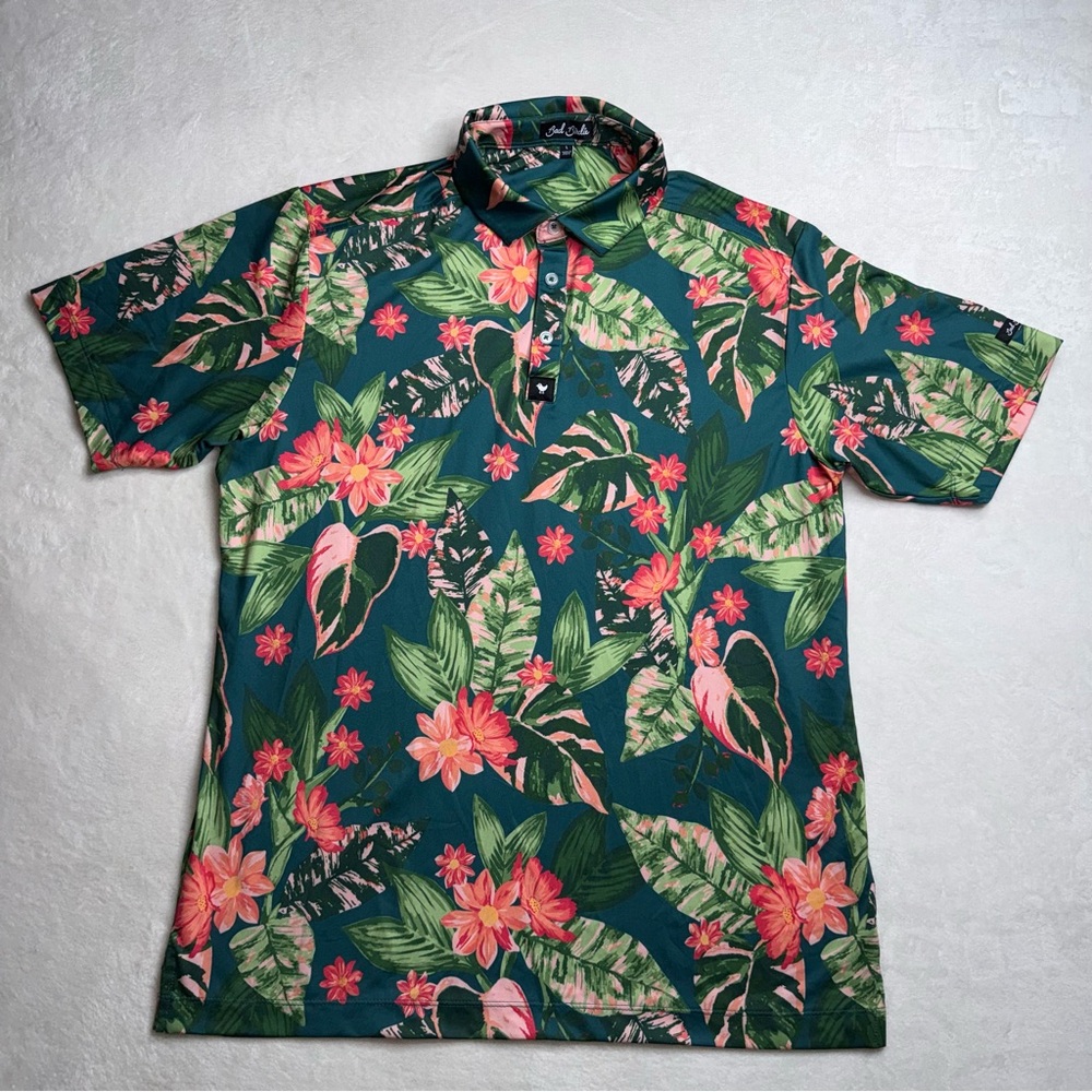 Bad Birdie Shirt  Green Pink Floral Performance Golf Polo Men’s Size Large